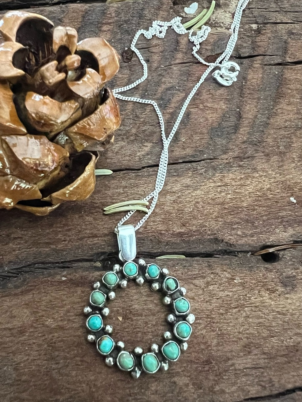 Taxco México Green Blue Turquoise Necklace Circle Pendant Beach Sterling 925
